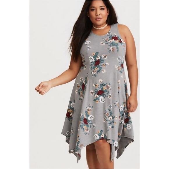 Torrid Midi Jersey Trapeze Dress Gray Floral Sleeveless Handkerchief Hem Plus 1x - Picture 3 of 13